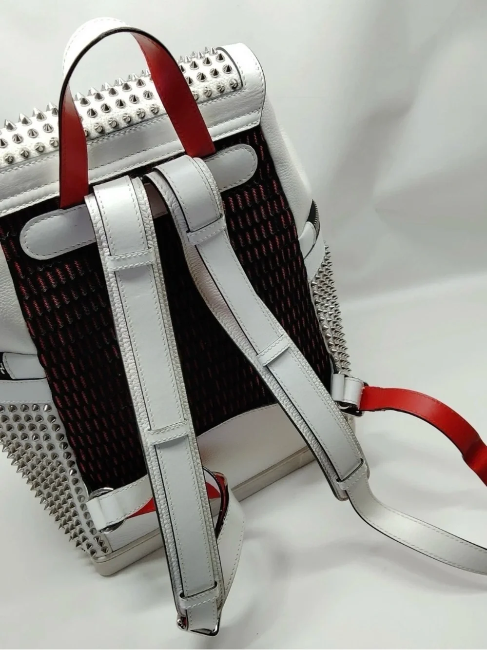 Christian Louboutin White Studded Leather Backpack with Red Trim